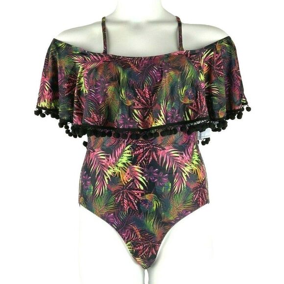 Tempt Me Womens Swimsuit Small Black Floral Shawl Top Fringe Removable Straps - Picture 1 of 4
